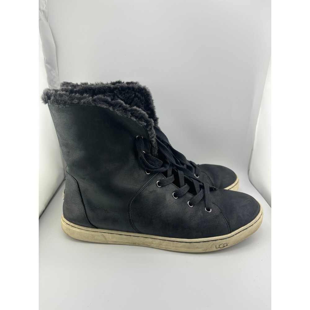 UGG Womens Black Leather Faux Fur Lined High Top Sneaker Boots Size 11